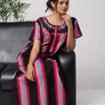 Embroidery Stripes Cotton Nighties - Black and Red Color - Beauty Nighties