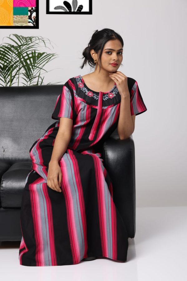 Embroidery Stripes Cotton Nighties - Black and Red Color - Beauty Nighties