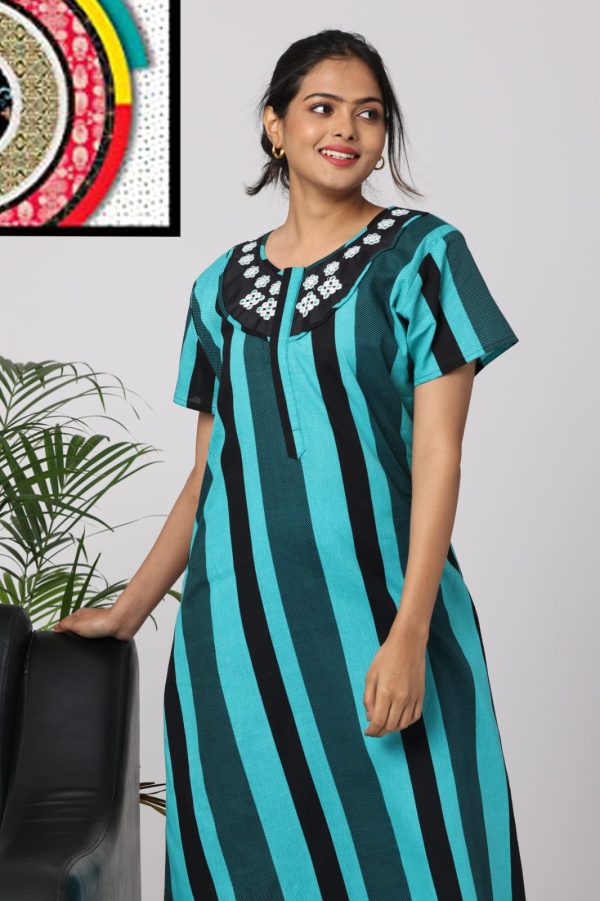Embroidery Stripes Cotton Nighties - Blue Color - Beauty Nighties