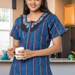 Embroidery Stripes Cotton Nighties - Navy Blue Color - Beauty Nighties