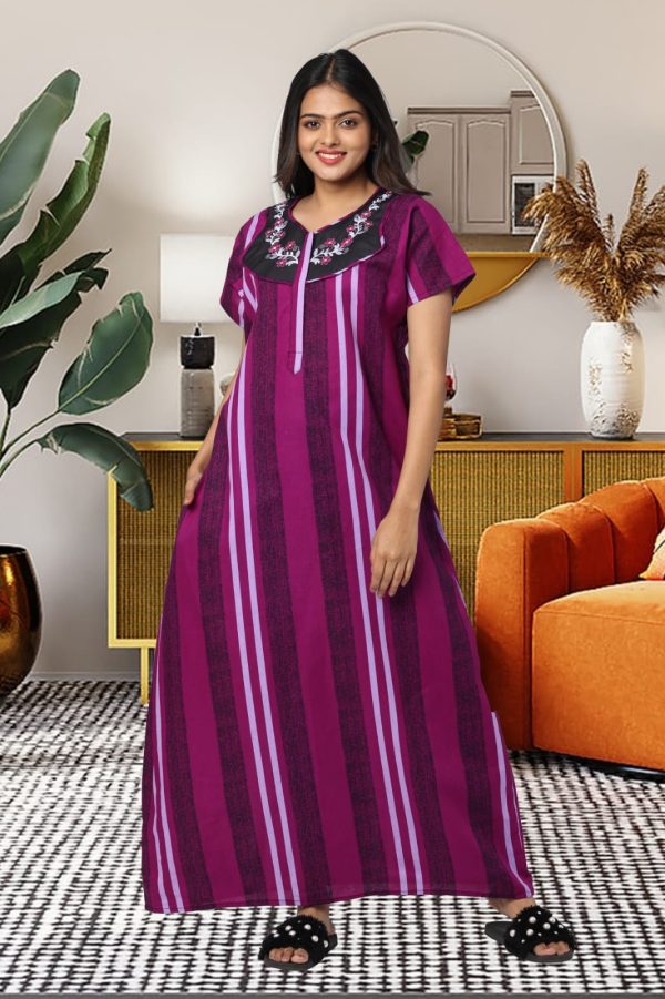 Embroidery Stripes Cotton Violet Color - Beauty Nighties