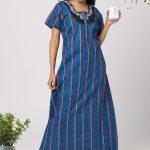 Embroidery Stripes Cotton Nighties - Navy Blue Color - Beauty Nighties