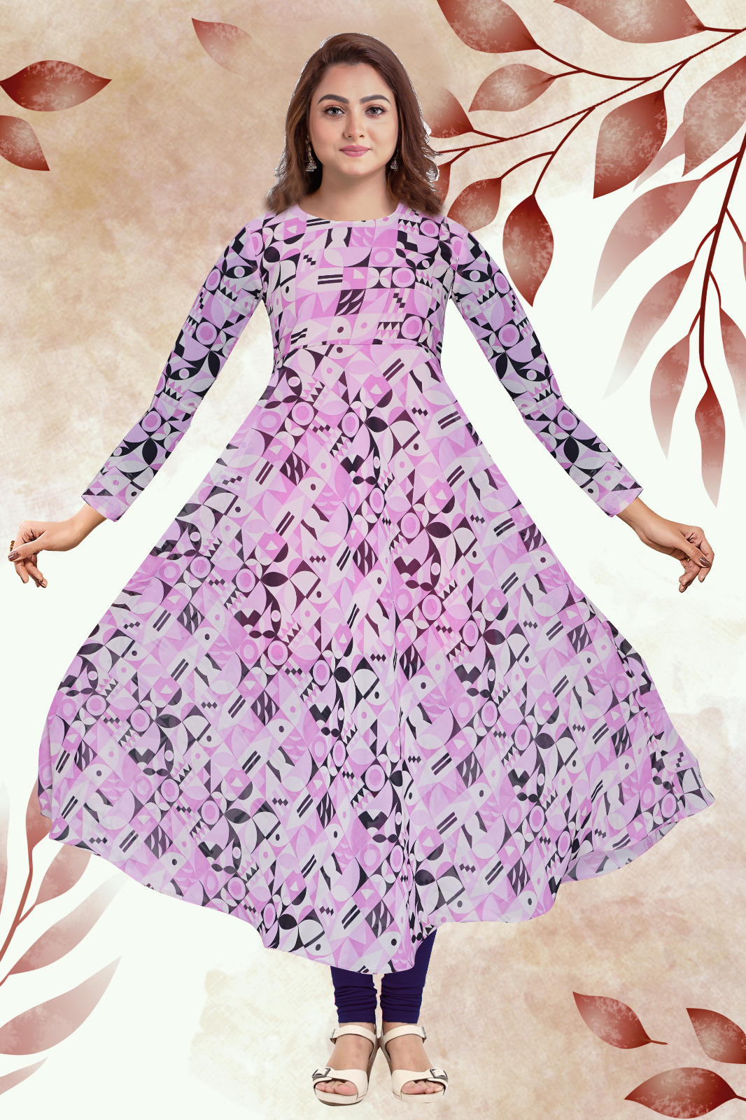 Twara strawberry pink 3/4th sleeve ogee pattern printed rayon umbrella kurti